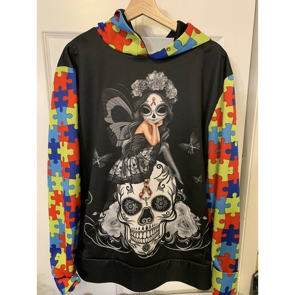 WOMEN'S XL SKULL Butterfly Girl Print HOODIE SWEATSHIRT OUTERWEAR BUTTERFLIES - Picture 4 of 7